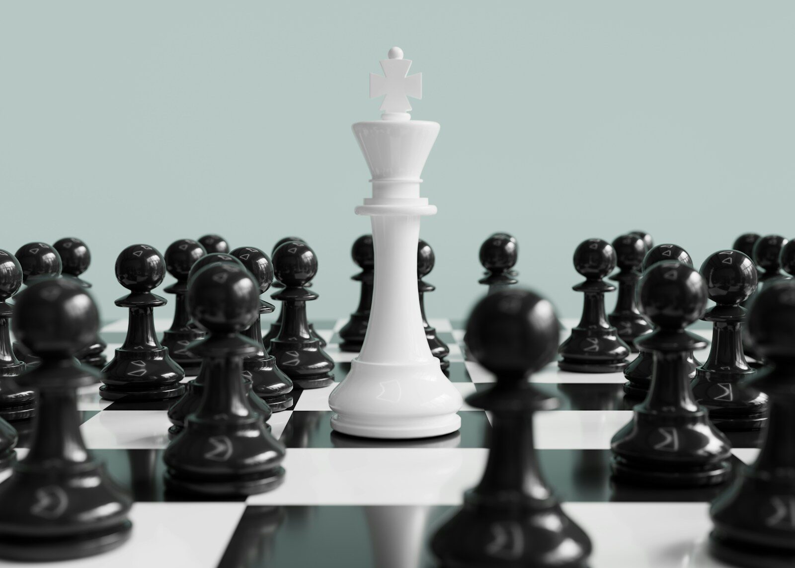 White king stands surrounded by black pawns